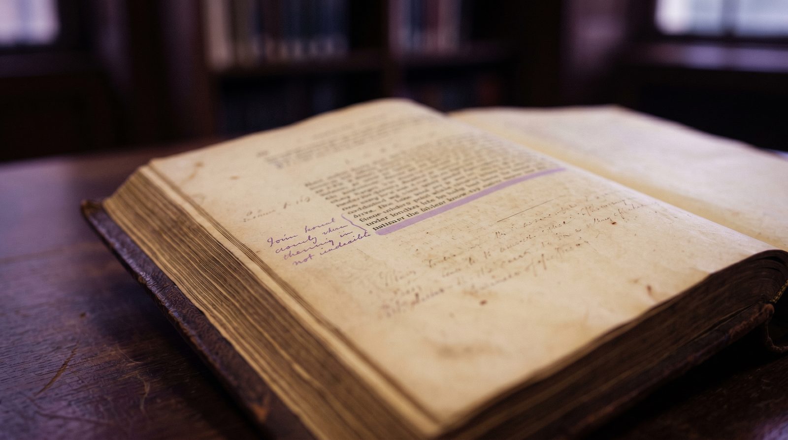 Alacakaranlık ışığında, kütüphane raflarının önünde bir masada açık duran eski bir kitap. Sağ sayfada bir satır lavanta renginde işaretli, kenarında el yazısı bir not.